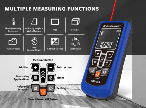 165 Ft Laser Distance Meter With Ocean Blue Finish, Ultra Fast Measurements For Home Projects, Area, Volume And Height, Includes Protective Cover And Carpenter Pencil For Handy DIY Tasks. Displayed with measurement function icons