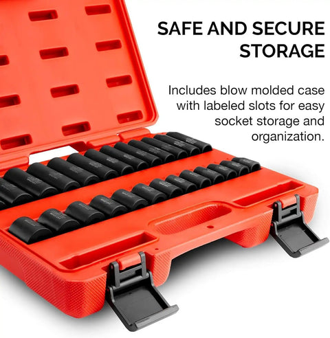 Three Eighths Inch Drive Metric Impact Socket Set, 26 Piece, in orange case with deep and standard hex sockets, 7mm to 19mm