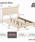 Ultimate Cozy Queen Size Bed Frame Crafted From Plush Beige Corduroy Upholstery With Hidden Storage Headboard ambient LED strip lights, showing dimensions.