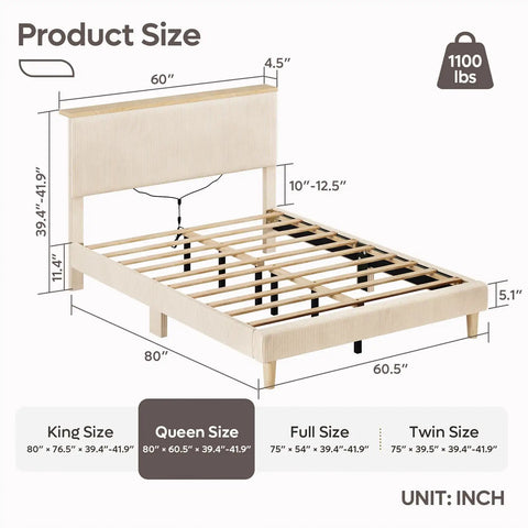 Ultimate Cozy Queen Size Bed Frame Crafted From Plush Beige Corduroy Upholstery With Hidden Storage Headboard ambient LED strip lights, showing dimensions.
