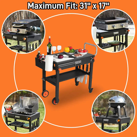 Portable Griddle Table Cart For 17 Inch And 22 Inch Griddles Foldable Outdoor Stand With Caddy Wheels and Dual Shelves