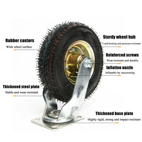 Four Pack Heavy Duty Furniture Castor Wheels Six Eight Or Ten Inch Silent Rubber Caster With Killer Antislip Tread And Heavy Gauge Steel Base For Smooth As Silk Rolls close-up of rubber caster wheel with thickened steel plate and sturdy wheel hub.