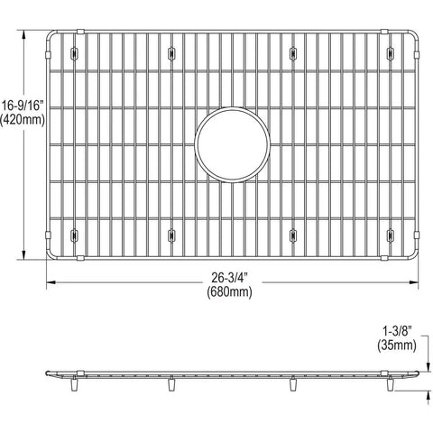 Stainless Steel Bottom Grid for Kitchen Sinks Corrosion Resistant and Heavy Duty Protects the Sink Bottom and Keeps Basins Safe Sized to Fit 26 3 4 by 16 9 16 by 1 3 8 Inches Compatible with SWUF Elkay Bowls, diagram showing dimensions