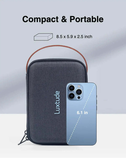 Heavy Duty Hard Eva Case With Removable Soft Foam For Kickass Shockproof Camera And Drone Storage Featuring Crush Resistant Oxford Exterior And Road Ready Travel Shield next to a smartphone, showcasing its compact size of 8.5 x 5.9 x 2.5 inches.