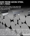 42Cr4 steel rods detail with text about material strength and durability for manufacturing use