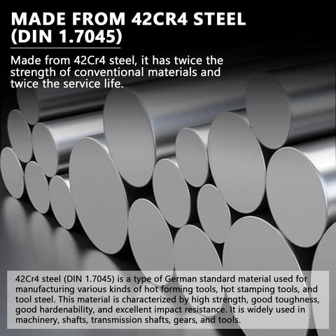 42Cr4 steel rods detail with text about material strength and durability for manufacturing use