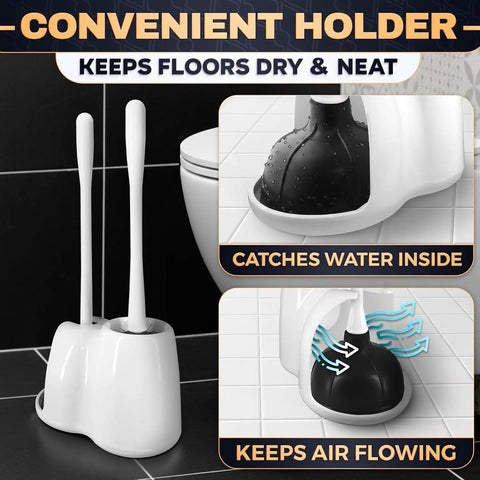 Premium Heavy Duty Toilet Plunger And Brush Set With Sleek Storage Stand showcasing holder design for air circulation and water containment.