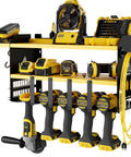 Wall Mount Power Tool Organizer Rack With Drill Holder And Tray Four Magnetic Hooks Two Shelves Pro Grade Heavy Duty Steel Cordless Tool Storage For Garage Black And Yellow with drills and accessories visible