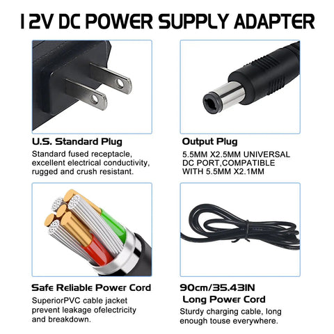 Image showing 12V DC Power Adapter For DMX Controllers And Musical Gear, including 5.5mm x 2.1mm center negative connector details.