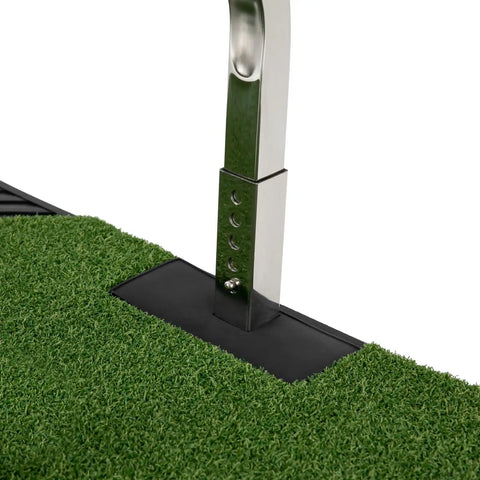 Close-up of adjustable ball mount height on Indoor Golf Swing Trainer with Real Turf Mat and suction pad base