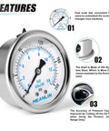 Tough Stainless Steel Liquid Filled Pressure Gauge 0-200 Psi, 2.5 Inch Dial, 1/4 NPT, Center Back Mount, WOG Water Oil Air