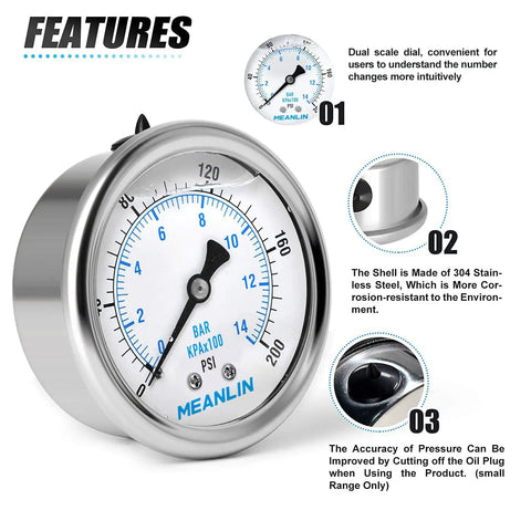 Tough Stainless Steel Liquid Filled Pressure Gauge 0-200 Psi, 2.5 Inch Dial, 1/4 NPT, Center Back Mount, WOG Water Oil Air