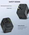 GaN 45W Universal Travel Adapter With PD and QC Fast Charging, safety design features, two USB A and three USB C ports