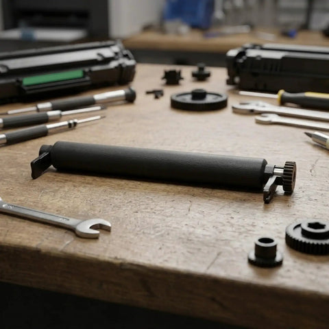 Rubber Bearing Platen Roller Kit For Zebra GK420D GX420D GK430D GX430D ZP450 ZP500 ZP505 ZP550 Printers To Prevent Paper Jams And Keep Work Flowing Smooth Like Butter High Quality Do Not Stress You Will Be Glad It Runs Smooth Guaranteed Today. black rubber platen roller with gear on workbench