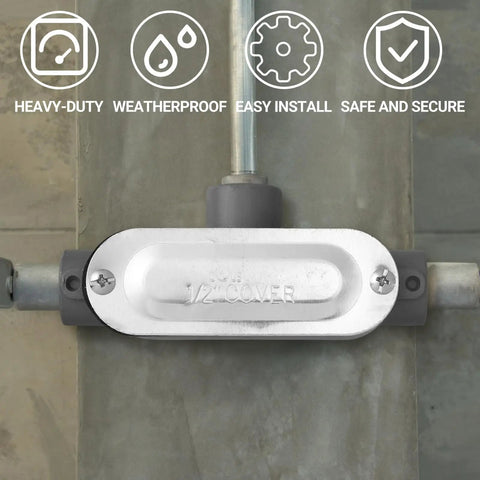 Four Pack 3/4 Inch Threaded T Type Conduit Body With Stamped Steel Cover And Die Cast Aluminum Junction Box installed on wall