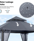 Outdoor Patio Gazebo 11x11 With Double Roof Canopy And Mosquito Netting, highlighting water leakage holes in dark gray fabric.