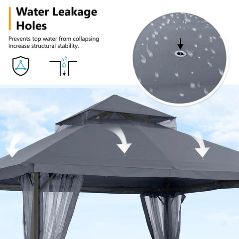 Outdoor Patio Gazebo 11x11 With Double Roof Canopy And Mosquito Netting, highlighting water leakage holes in dark gray fabric.