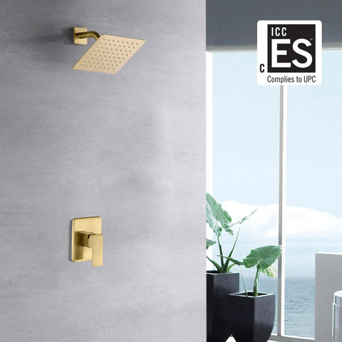 Pressure Balance Shower Faucet With Brushed Gold Finish And 8-Inch Square Rainfall Shower Head Including Rough-In Valve Body And Trim