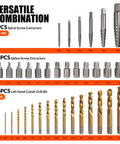 62 Piece Screw Extractor Set With Left Hand Drill Bits For Broken Nuts And Stripped Bolts Beast Heavy Duty Bolt And Nut Remover Kit With Multi Spline And Spiral Extractors Portable Case For Home And Shop showing spiral, spline extractors, and cobalt drill bits.