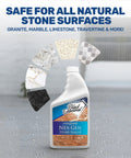 Nex Gen Natural Stone Penetrating Sealer bottle with samples of granite, marble, limestone, and travertine surfaces.