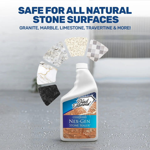 Nex Gen Natural Stone Penetrating Sealer bottle with samples of granite, marble, limestone, and travertine surfaces.