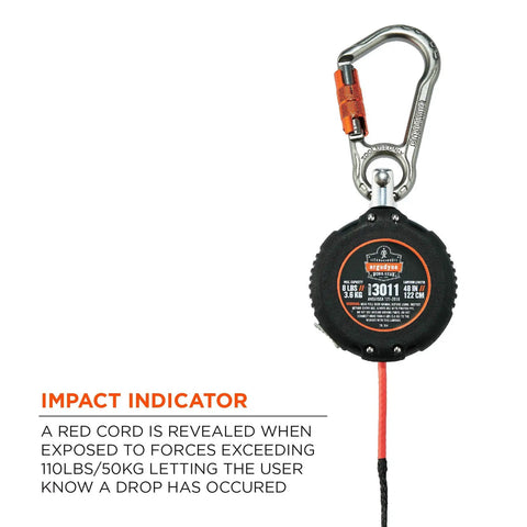 Squids 3011 Retractable Tool Lanyard with carabiner, impact indicator, red cord, and self-locking gate, showing its function.