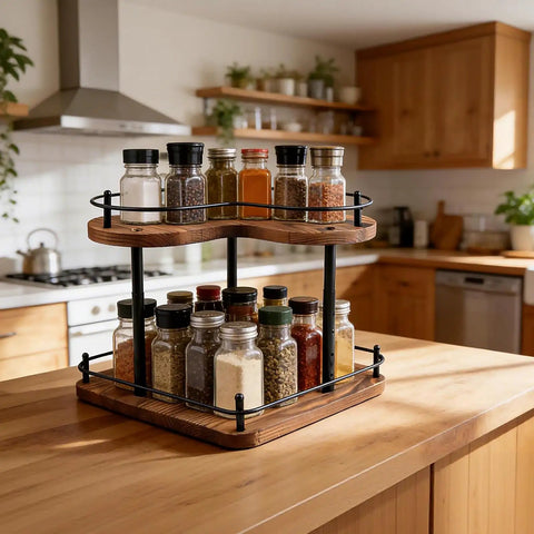 Two Tier Wooden Spice Rack Organizer With 360 Degree Rotating Lazy Susan on kitchen countertop, showcasing spice jars.