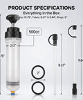 Top Shelf Manual Fluid Extractor Pump For Absolute No Sweat Oil Changes Using Dual Suction Tubes Clear Reservoir and Solid Build dimensions view including 500cc capacity.