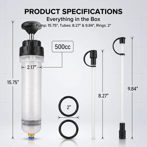 Top Shelf Manual Fluid Extractor Pump For Absolute No Sweat Oil Changes Using Dual Suction Tubes Clear Reservoir and Solid Build dimensions view including 500cc capacity.