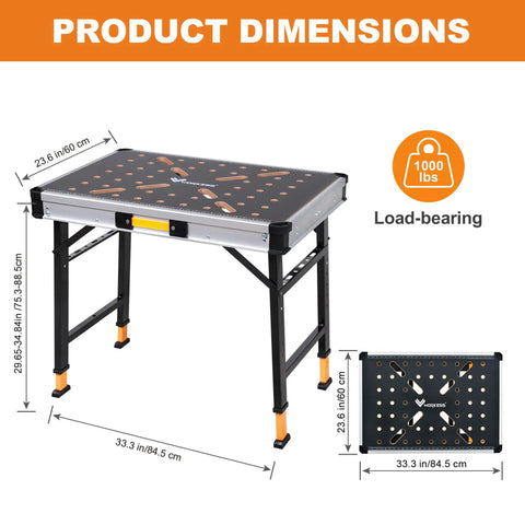 Beefed Up Folding Work Table With A Rock Solid One Thousand Pound Load Rating And Five Step Height Tweaks, dimensions shown.