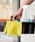 Deluxe Carry Caddy For Takeout Drinks And Cleaning Gear On The Go Grab And Go Haul with cleaning supplies and gloves visible.