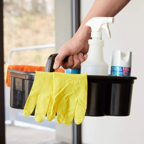Deluxe Carry Caddy For Takeout Drinks And Cleaning Gear On The Go Grab And Go Haul with cleaning supplies and gloves visible.
