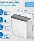 Portable Twin Tub Washing Machine With Drying Rack And Ten Hangers, 12 Lb Washer Plus 7 Lb Spinner, semi automatic dimensions and laundry capacity details.
