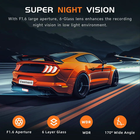 Orange sports car demonstrating 2.5K Front Dash Cam With 1.47 Inch Display, WiFi App Control, WDR Night Vision in a low-light environment.