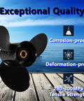 Aluminum Boat Outboard Propeller 15 X 17 Right Hand Rotation 3 Blade 15 Spline Fits Evinrude Johnson OMC Stern Drive 135 to 300HP Reference 765187 Durable Marine Prop shown by lake with text stating exceptional quality, corrosion-proof, deformation-proof, and tensile strength of 280-300MPa