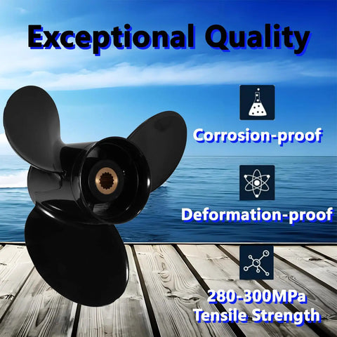 Aluminum Boat Outboard Propeller 15 X 17 Right Hand Rotation 3 Blade 15 Spline Fits Evinrude Johnson OMC Stern Drive 135 to 300HP Reference 765187 Durable Marine Prop shown by lake with text stating exceptional quality, corrosion-proof, deformation-proof, and tensile strength of 280-300MPa