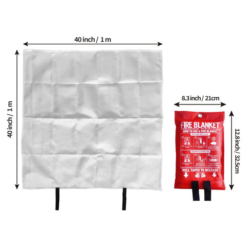 Fire Blanket For Kitchen And Home 40 By 40 Inches, Fiberglass Emergency Safety Blanket with red storage pouch, dimensions shown