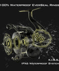 Badass Offshore Beast Saltwater Spinning Fishing Reel 6000 Size Gold Construction With IPX6 Waterproof Seals showcasing waterproof EverSeal Rings.