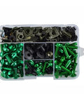 Motorcycle Bolt Kit Set For ZX6R ZX7R ZX9R ZX10R ZX12R Z750 Z1000 ZZR600 Assortment Of Machine Screws And Nuts For Body Work Easy Install Smooth Threads CNC Polished Hardware Green, assorted green and black fairing bolts in organizer case