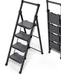 4 Step Folding Ladder With 900 Lbs Capacity, Anti Slip Wide Pedals And Handrails, Lightweight Household Ladder Open and Folded View