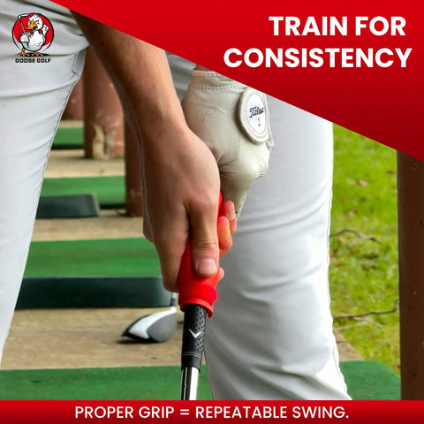Grip Trainer For Golf Pro Designed Training Aid For Correct Hand Position in use, red color, on outdoor golf range