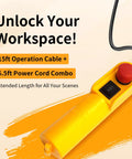 Yellow electric hoist winch control pendant with red stop button and wired cord.