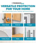 Clear Rubber Door Stoppers Extra Large Self Adhesive Wall Protectors Invisible Drywall Shields For Heavy Door Knobs Stick On Guard Bumpers displayed on door knob and cabinet.