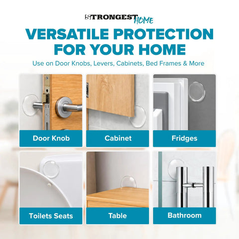 Clear Rubber Door Stoppers Extra Large Self Adhesive Wall Protectors Invisible Drywall Shields For Heavy Door Knobs Stick On Guard Bumpers displayed on door knob and cabinet.