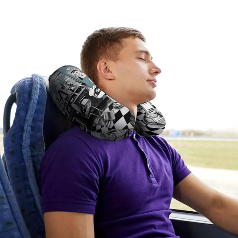 Man using Barber Shop Style U Shaped Travel Neck Pillow With Ergonomic Neck Support on a bus, relaxed and comfortable