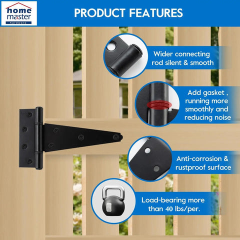 Premium Grade Heavy Duty 6 Inch Stainless Steel Gate Hinges T Strap Style Bracket Black Finish features on wooden fence.