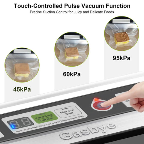 Touch-controlled pulse vacuum function on 95kPa Vacuum Sealer With OneTouch Auto Vac And Seal, Double Heat Seal