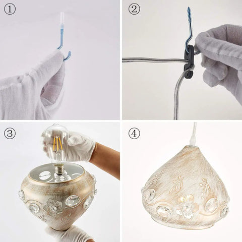 Installation process of Crystal Plug In Pendant Light With 16.4 Ft Swag Cord, highlighting mounting hook and fixture setup.