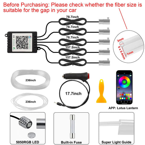 App Controlled Car Interior LED Strip Lights 5 In 1 RGB Color Kit With 16 Million Colors 236 Inches Fiber Optic Music Mode diagram