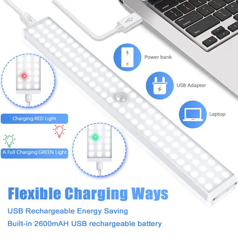Rechargeable 90 LED Closet Lights With Motion Sensor And Remote Wireless Under Cabinet Night Lights Battery Powered Lighting For Cabinets And Wardrobes 3 Pack showing USB charging